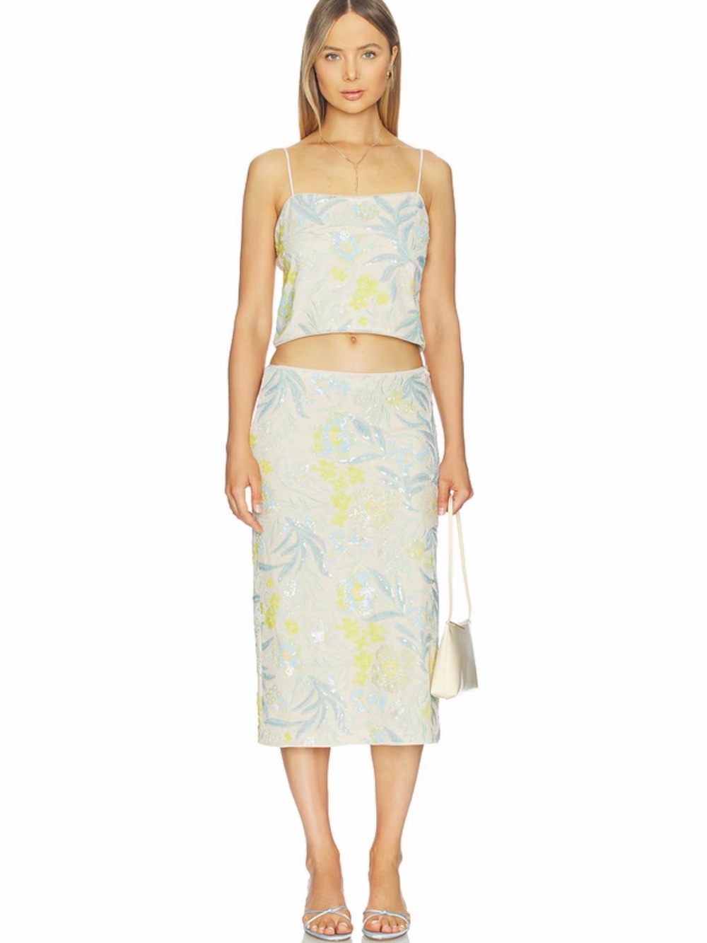 Baum und Pferdgarten Sequin pastel Floral Crop Top in Light Blue & Yellow